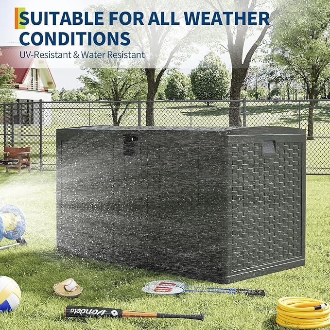 120 Gallon Outdoor Waterproof Storage Box Lockable Outdoor Storage Boxes Deck Storage Boxes for Package Delivery Deck Boxes for Patio Furniture, Garden, Tools - Rattan Black
