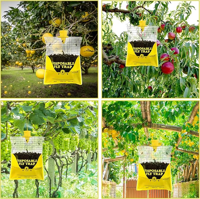 Glovv 2 Pack 10.8 * 12.6 Inch Big Fly Trap for Patio, Bags Outdoor Disposable, Hanging Flies Catcher with Bait, Ranch Repellent Hunter Killer Stable Horse Control for Barn, Farm, Bugs