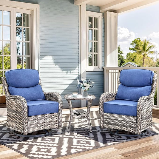 Luxury High Back Outdoor Swivel Rocker Patio Chairs with Side Table & 6-Inch Thick Cushions, 3 Pieces Patio Furniture Set for Porch, Balcony, Deck and Yard