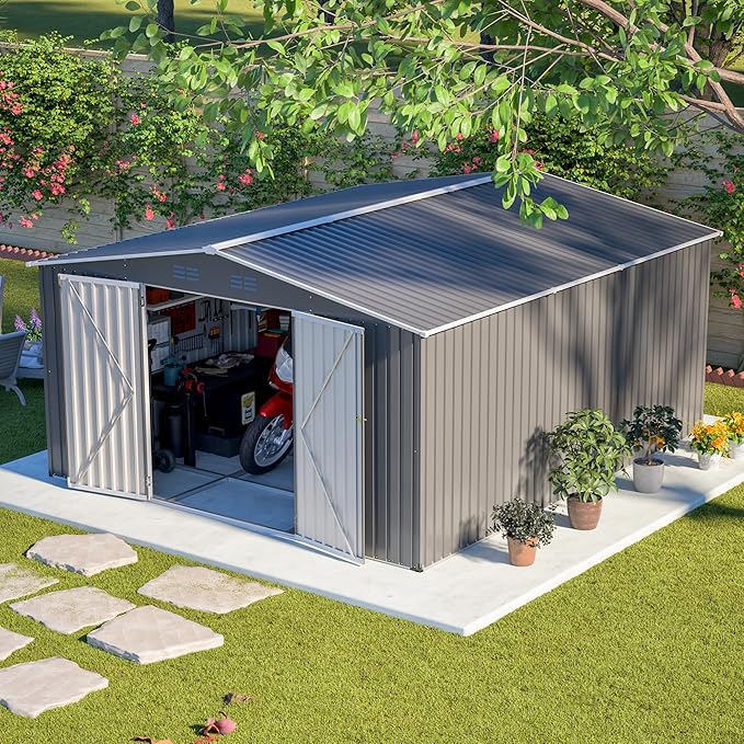 12x14FT Outdoor Storage Shed Metal Shed W/Floor Frame,Garden Tool House W/ 4 Air Vents,Lockable Double Doors & Sloped Roof,for Patio,Lawn,Backyard,Light Gray