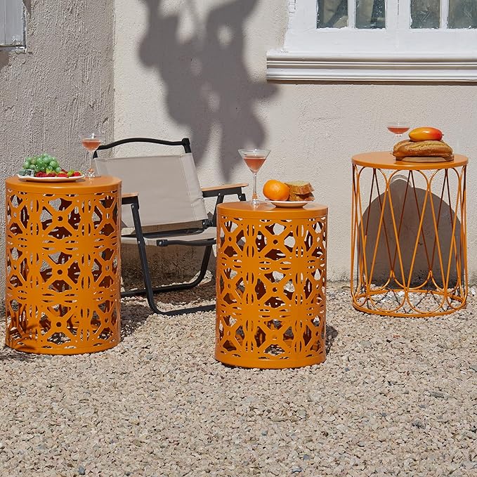 Y&M Metal Round Table, Coffee Table End Patio Table for Indoor Outdoor Multifunctional Use, Heavy Duty Metal Plant Stand Decorative Garden Stool Set of 3 - Orange