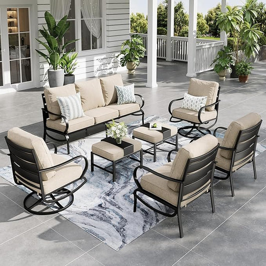 Sophia & William Patio Furniture Sets for 7 Outdoor Conversation Set 7 Pcs with 2 x Swivel Chairs, 2 x Armrest Sofa Chairs, 1 x 3-Seat Sofa, 2 x Ottomans for Coffee Garden Backyard Poolside Beige