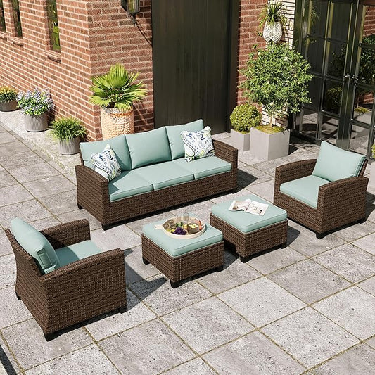Patio Furniture Set, 5 Pcs Wicker Rattan Outdoor Conversation Set, 2 x Leg Chairs, 1 x 3 Seater Sofa and 2 x Ottoman with 4" Thick Cushion for Garden Backyard Deck, Blue