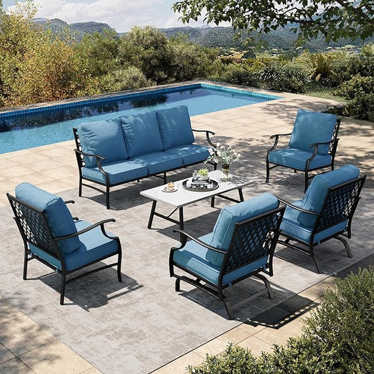 HERA'S HOUSE 6 Piece Patio Furniture Set, 2 x Rocking Chair, 2 x Fixed Chair, 1 x 3-Seat Sofa with Marbling Coffee Table, All Weather Outdoor Conversation Set for Lawn Garden Backyard, Navy Blue