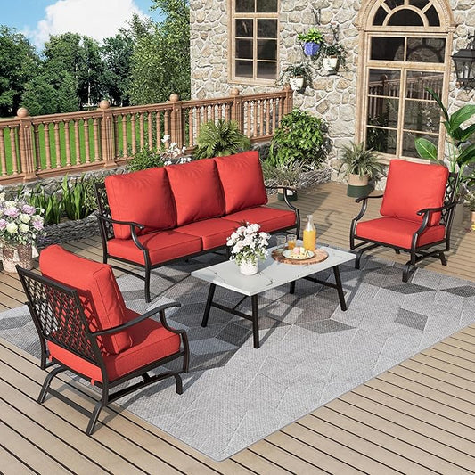 Patio Furniture Set 4 pcs, Outdoor Patio Furniture, 3-Seat Sofa, 2 Rocking Chairs, Coffee Table and 5.75" Extra Thick Cushions, Conversation Set for Backyard Deck, Red