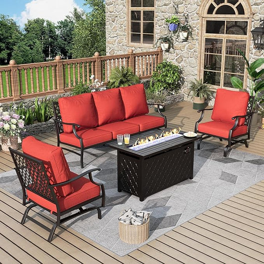 Patio Furniture Set, 4 Pcs Metal Outdoor Conversation Set, 2 Rocking Chairs and 3 Seater Sofa with 5.75" Extra Thick Cushion and Gas Fire Pit Table for Backyard Deck, Red