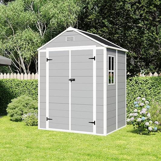 6x5 FT Resin Storage Shed,Garden House with Floor & Lockable Door,Waterproof Plastic Tool Sheds W/Slanting Roof Visual Window & Air Vents for Bicycles,Lawnmowers,Lawn,All Weather Use,Gray