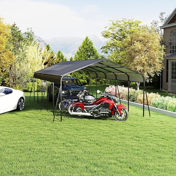 13x26.5 FT Metal Carport, Heavy Duty Car Port Canopy with Galvanized Steel Roof & Frame, Oversized Metal Carport Kit with Hooks, Outdoor 2 Car Garage, Steel Car Shelter for Car, Boat, Truck, Dark Gray