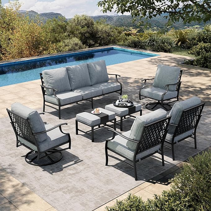 HERA'S HOUSE 7 Piece Patio Furniture Set, 2 x Swivel Chair, 2 x Fixed Chair, 2 x Ottoman, 1 x 3-Seat Sofa, All Cushioned Outdoor Conversation Set for Lawn Garden Backyard, Grey