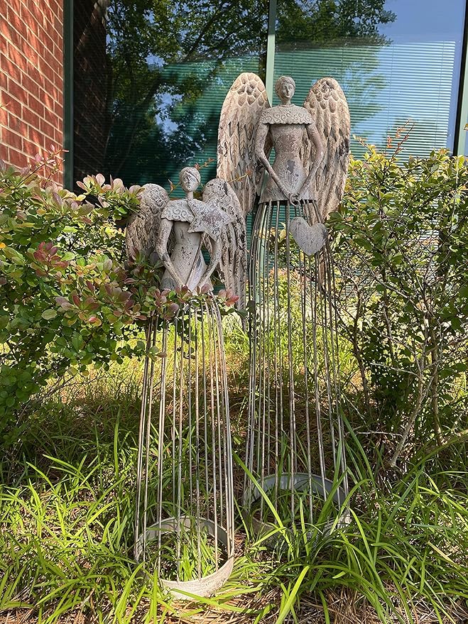 Linfevisi Garden Angel Statue Decor Rustic Metal Angel Sculpture Garden Yard Art Heavenly Home Decor Antiqued Accent Housewarming Gift 2 Pack (Star & Heart)