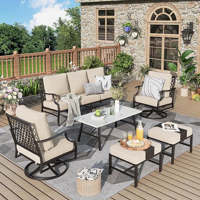 Patio Furniture Set 6 pcs, Outdoor Patio Furniture, 3-Seat Sofa, 2 Swivel Chairs, 2 Ottomans, Coffee Table and 5.75" Extra Thick Cushion, Patio Conversation Set,Beige