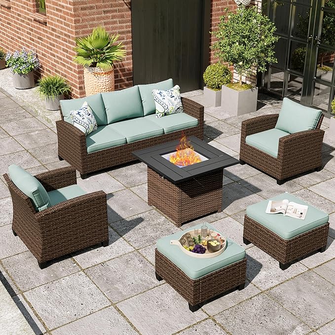 Patio Furniture Set, 6 Pcs Wicker Rattan Outdoor Conversation Set, 2 x Leg Chairs, 1 x 3 Seater Sofa and 2 x Ottoman with 4" Thick Cushion and 32" Fire Pit Table, Blue
