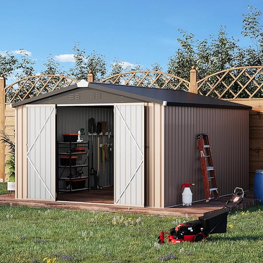 U-MAX Shed 10' x 12' Storage Shed Large, Metal Sheds & Outdoor Storage 10x12, Lockable Outdoor Shed Utility and Tool Storage for Garden, Backyard, Patio, Outside in Grey