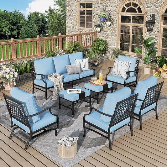 Patio Furniture Set 7 pcs, Outdoor Patio Furniture, 3-Seat Sofa, 2 Single Chairs, 2 Rocking Chairs, 2 Ottomans and 5.75" Extra Thick Cushion, Patio Conversation Set for Backyard Deck,Blue