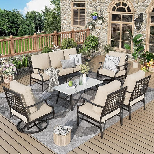 Patio Furniture Set 6 pcs, Outdoor Patio Furniture, 1 X 3-Seat Sofa, 2 X Single Chairs, 2 X Swivel Chairs, 1 X Coffee Table and 5.75" Extra Thick Cushion, Patio Conversation Set,Beige