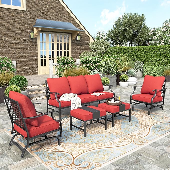 HERA'S HOUSE 5 Pieces Patio Furniture Set, 2 x Rocking Chair, 2 x Ottoman, 1 x 3-Seat Sofa, All Cushioned 7 Seats Metal Outdoor Conversation Set for Lawn Garden Backyard