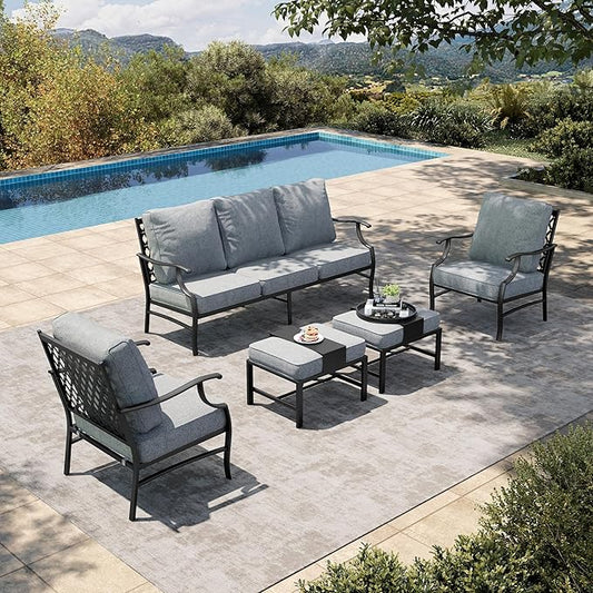 HERA'S HOUSE 5 Piece Patio Furniture Set, 2 x Cushioned Metal Chair, 2 x Ottoman, 1 x 3-Seat Sofa, All Cushioned 7 Seats Outdoor Conversation Set for Lawn Garden Backyard, Grey