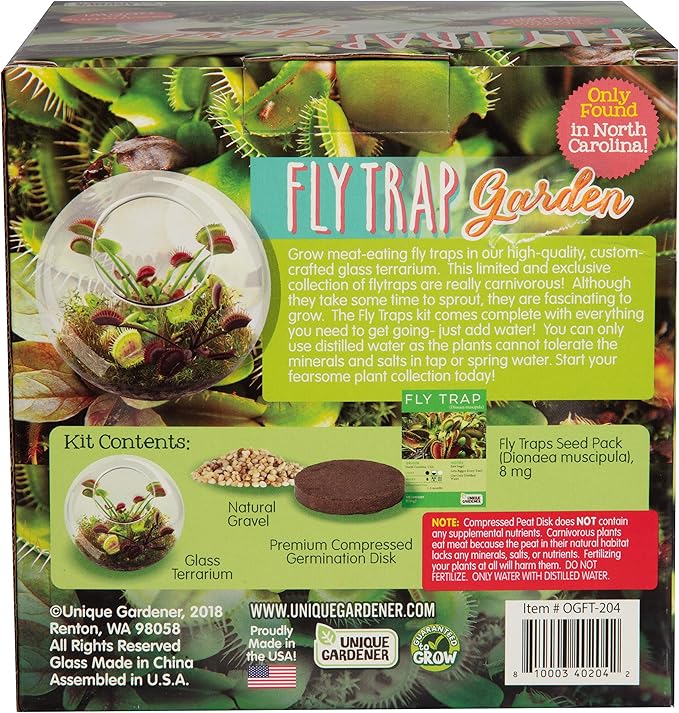 Carnivorous Fly Trap Glass Terrarium Garden Kit by Unique Gardener, Plant Terrarium Starter Supplies for Indoor Gardening - Watch Jaws Snap Shut - Easy & Fun Flytrap Planting Lasts for Years!